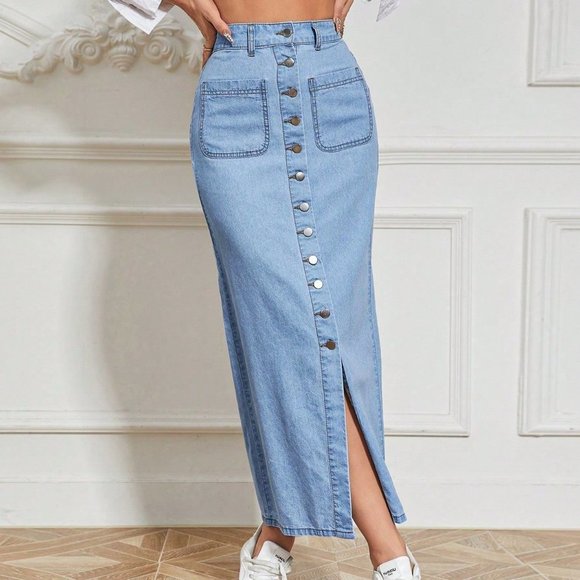 . Dresses & Skirts - Blue Casual Womens Button Front Denim Skirt